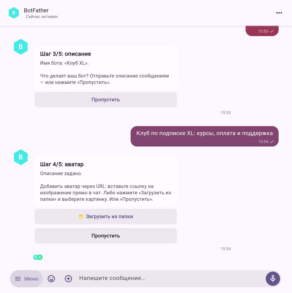 Шаги 3–4 — описание и аватар