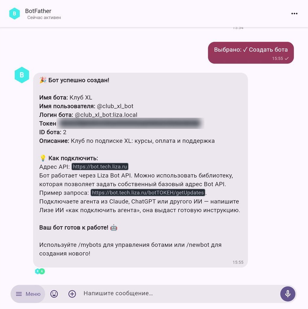 Карточка созданного бота: логин, токен, адрес API